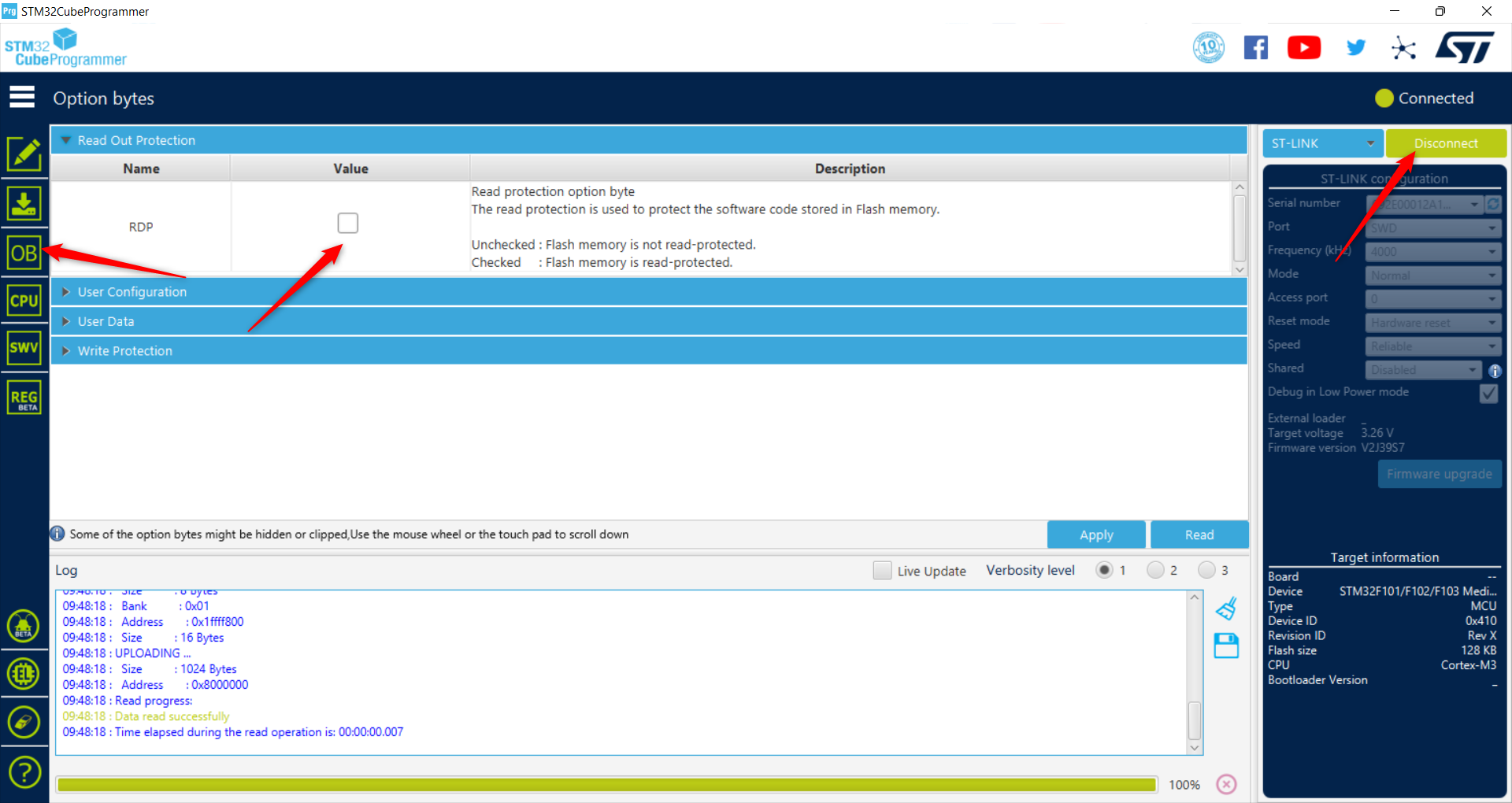 STM32CubeProgrammer. Enable RDP, Read protection